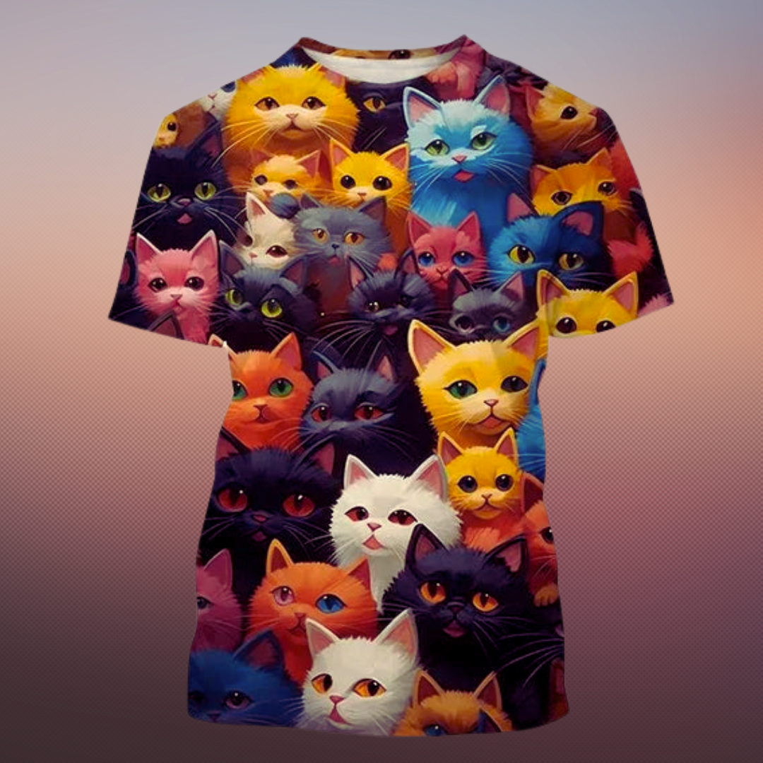 Vibrant multi-colored cat faces on a purple gradient t-shirt, fun streetwear design