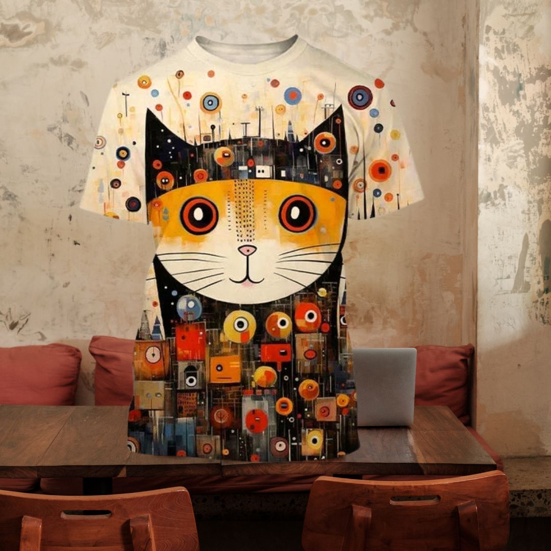 Cat face print t-shirt with large cat head design hanging in cozy living room