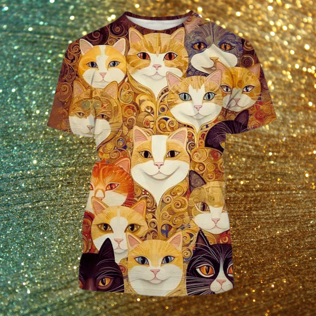 Golden glitter background with cat face 3D print t-shirt, trendy unisex top