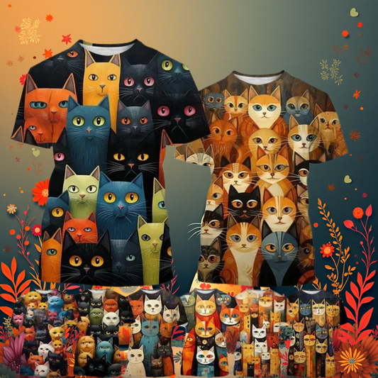Funny cat collage 3D print t-shirt with colorful feline faces on dark background