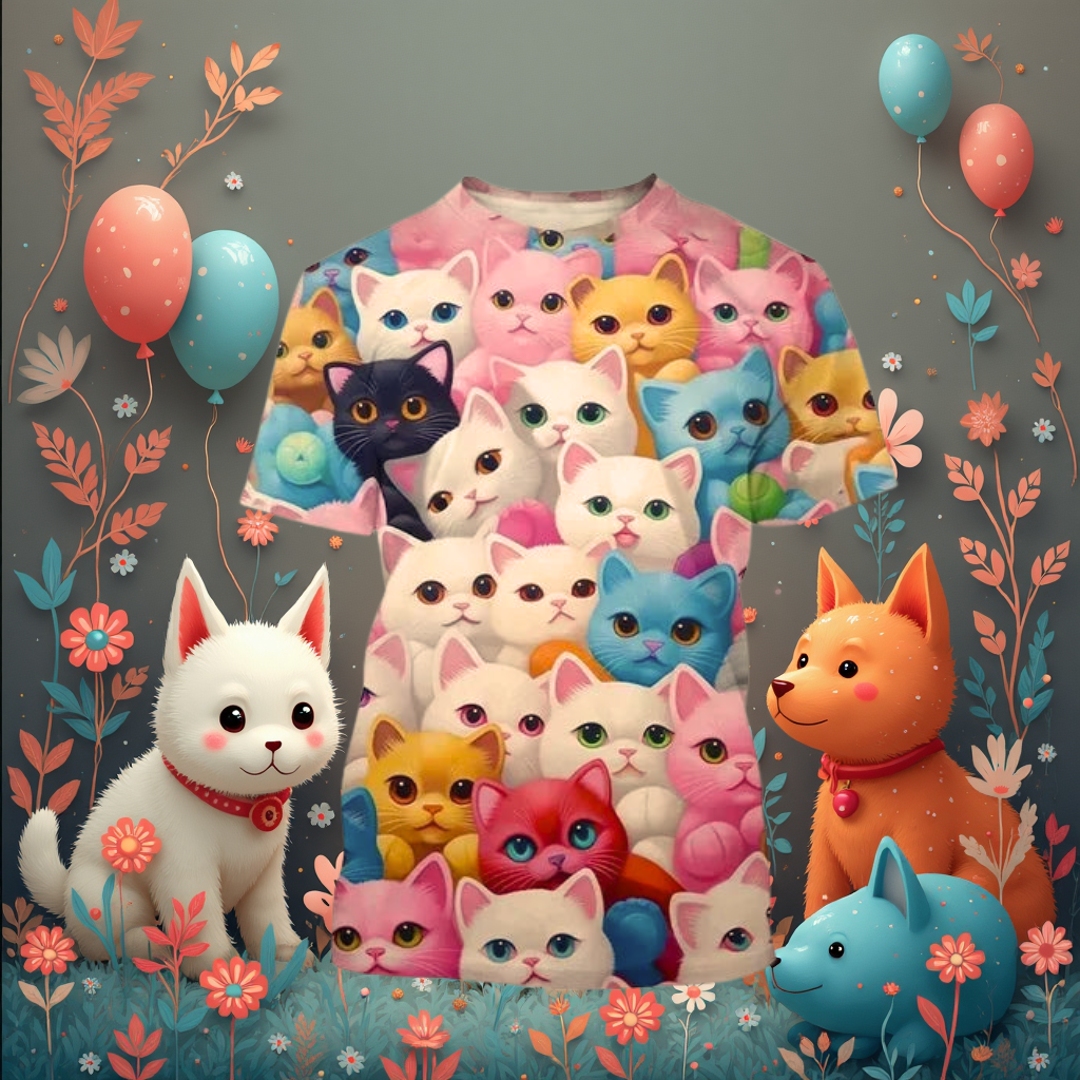 Adorable white and orange cats surrounded by balloons on a vibrant 3D printed tee
