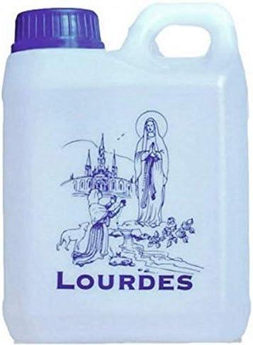 1L clear plastic bottle of Lourdes Holy Water with blue cap and image of St. Bernadette and Our Lady — blessed and sealed for prayer.