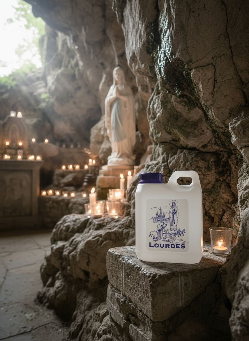 Authentic Lourdes Holy Water in Virgin Mary statue bottle beside candles at the sacred Grotto — symbol of faith and healing