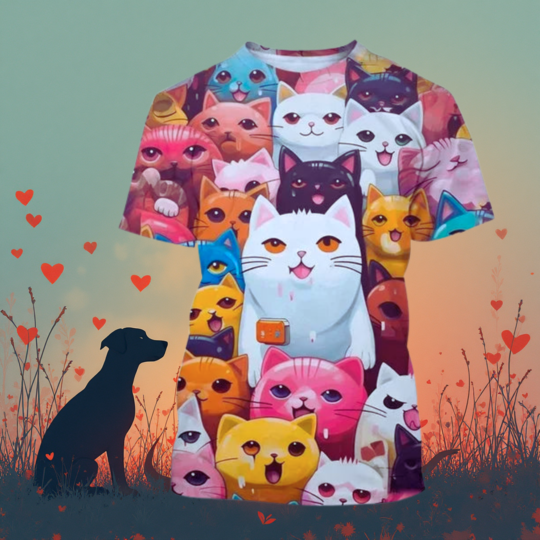 Pink and white cat face print t-shirt with a black dog silhouette on the side