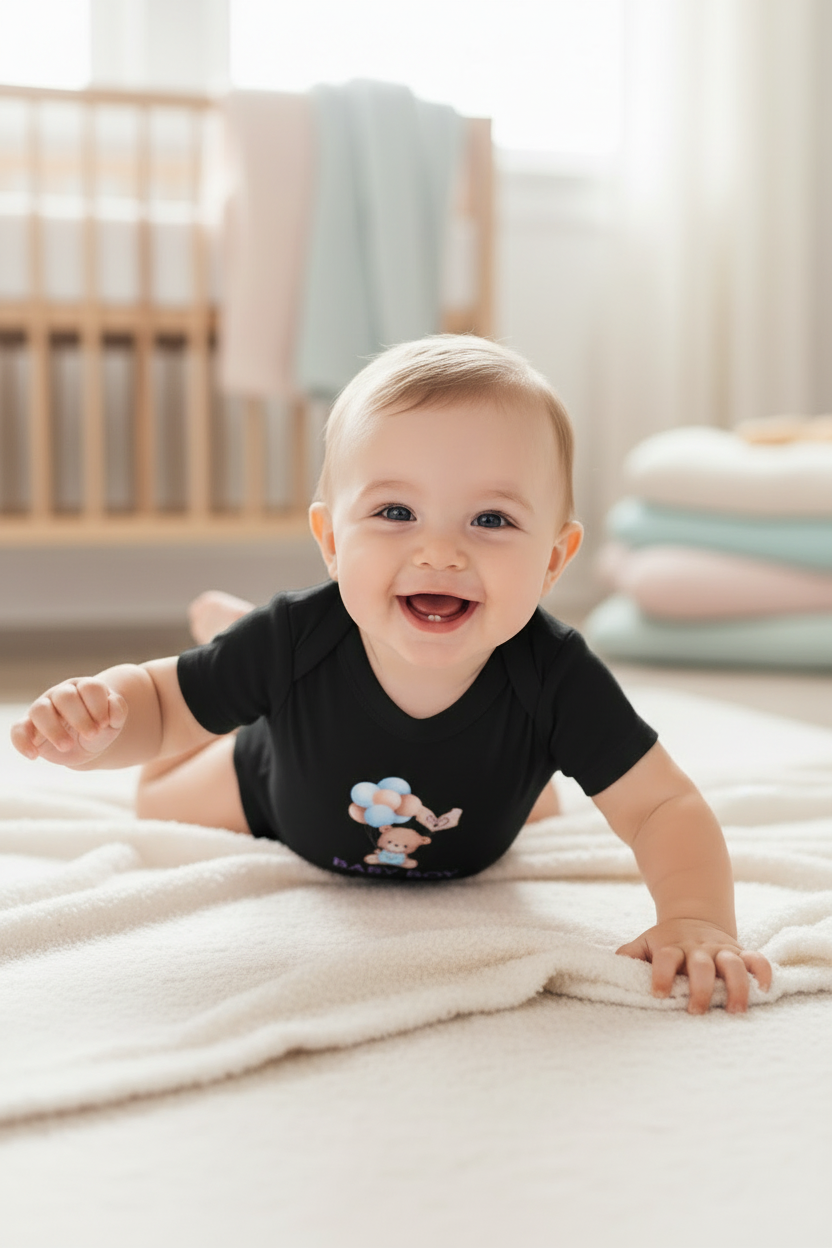 Happy baby boy crawling in black cotton onesie with teddy bear balloon print – soft, snap legs, 3-24 months