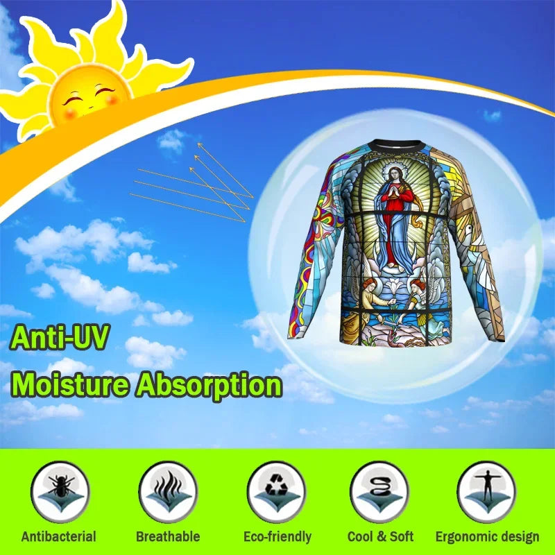 Religious Cycling Jersey – Stained Glass Jesus & Virgin Mary Long Sleeve MTB Bike Shirt for Men & Women | Breathable, Quick-Dry, Unisex Church Wear for Mountain Biking & Road Cycling