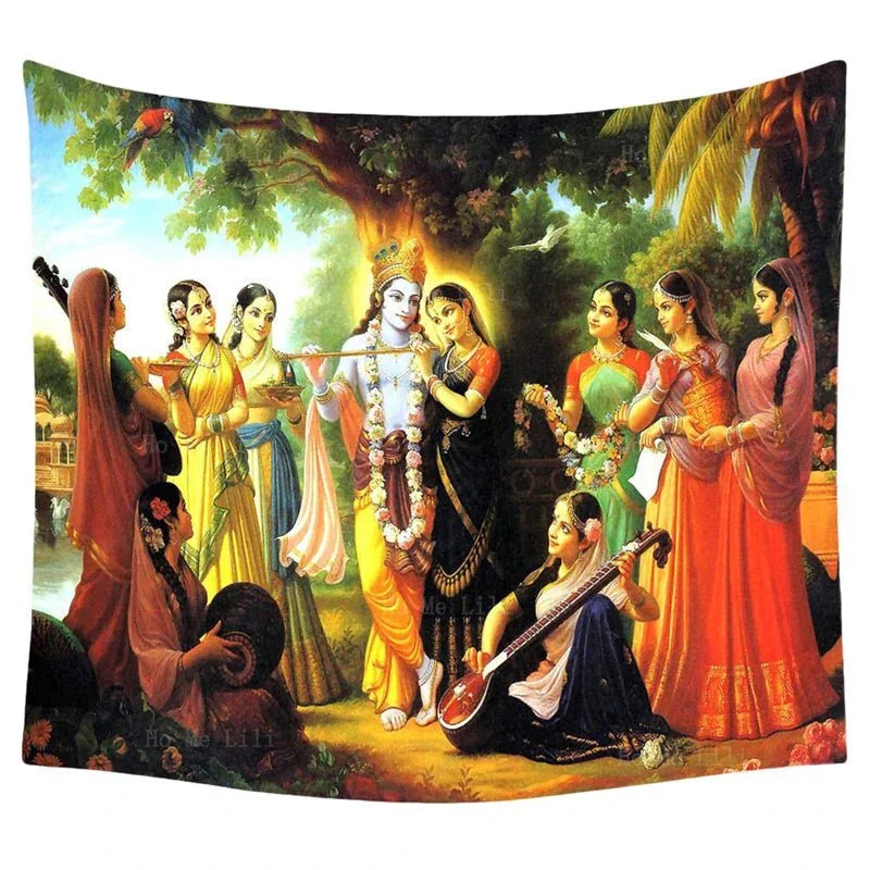 Large Radha Krishna tapestry with Gopis and peacocks