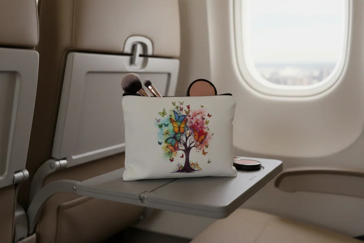 Makeup bag with a colourful tree design on an airplane tray table.