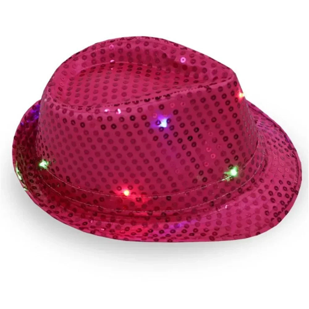 LED Sequin Fedora Hat & Glowing Necktie Set – Light-Up Festival & Party Accessories for Kids & Adults