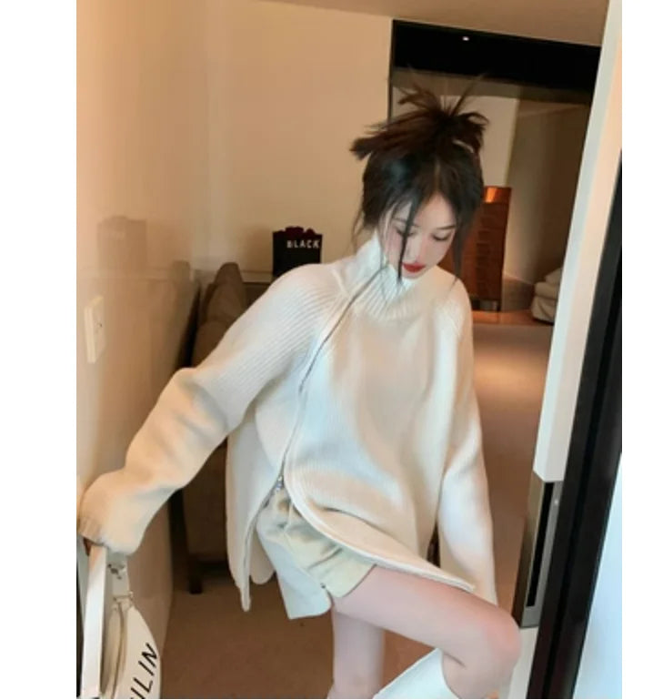 Zipper Solid Colour High-End Knitted Sweater - Loose Long-Sleeve Warm Outerwear Top for Fashion - ALOE WINGS STORE