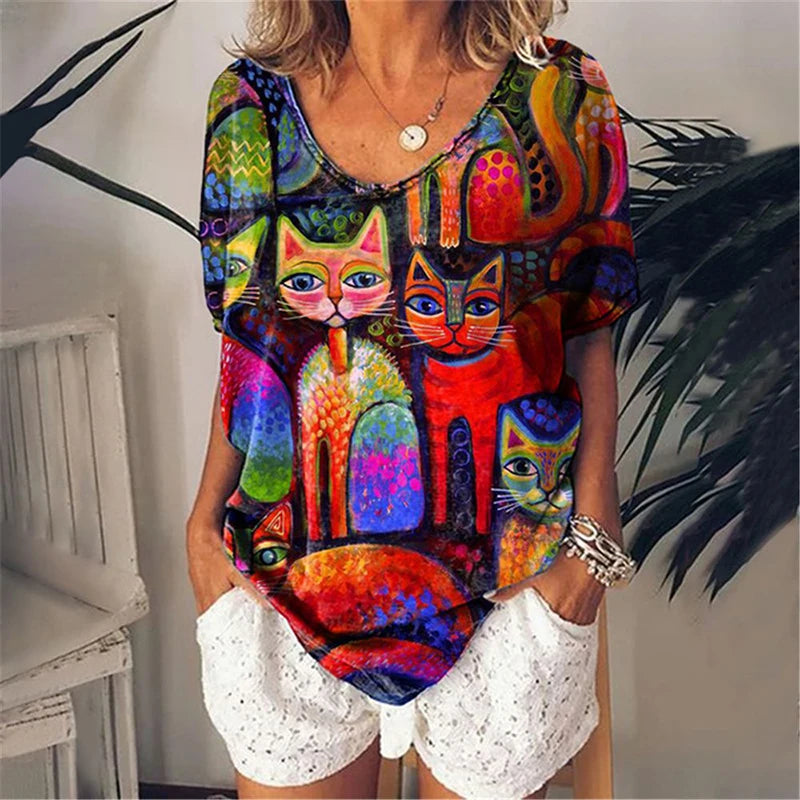 3.Chic & Playful 3D Cat Print T-Shirts - ALOE WINGS STORE