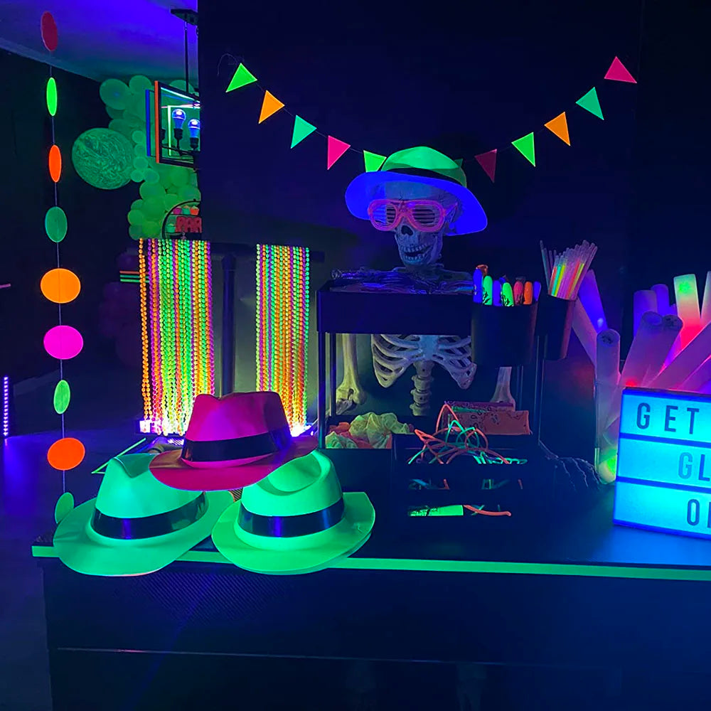 UV Glow Party Accessories Set – Neon Hat, Glasses, Bracelet, Necklace & Gloves for Birthday, Wedding & Festival Dress-Up Decor