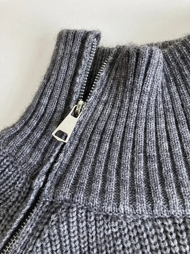 Zipper Solid Colour High-End Knitted Sweater - Loose Long-Sleeve Warm Outerwear Top for Fashion - ALOE WINGS STORE