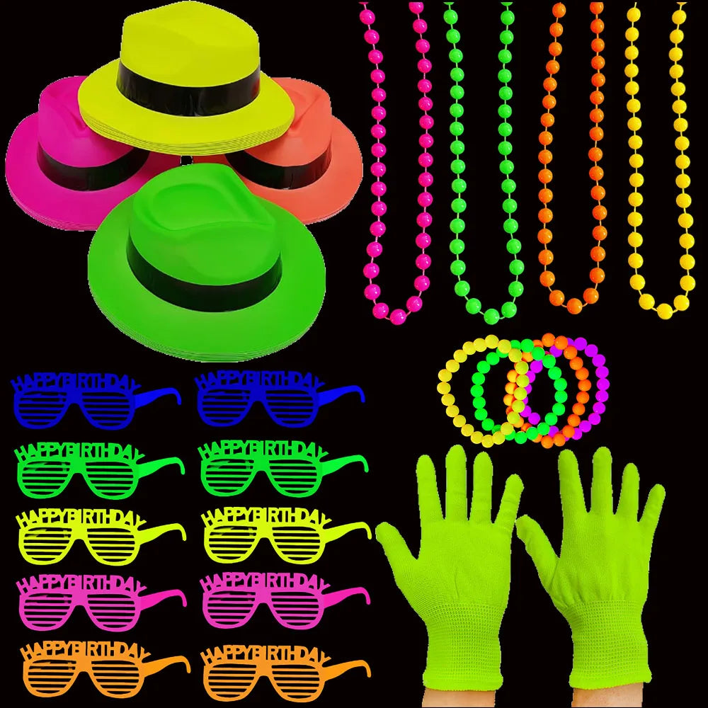 UV Glow Party Accessories Set – Neon Hat, Glasses, Bracelet, Necklace & Gloves for Birthday, Wedding & Festival Dress-Up Decor