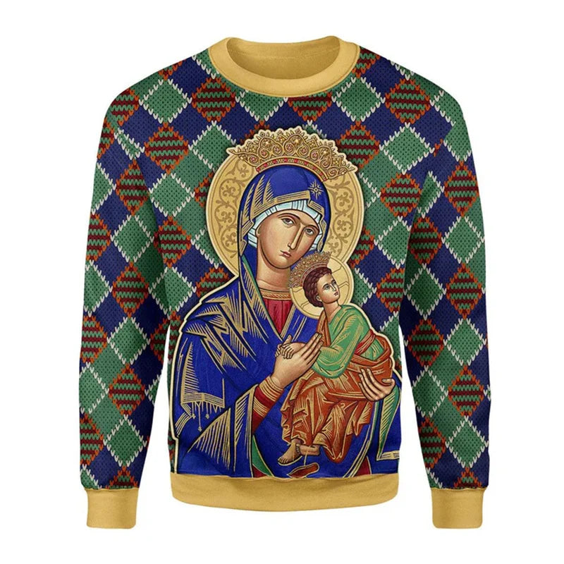 2.Retro Christian 3D Printed Sweatshirt for Men – Faith Streetwear Pullover with Religious Art, O-Neck Knit Sweater for Daily Wear – Plus Size XS-6XL