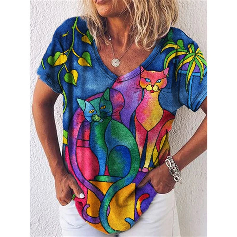 3.Chic & Playful 3D Cat Print T-Shirts - ALOE WINGS STORE