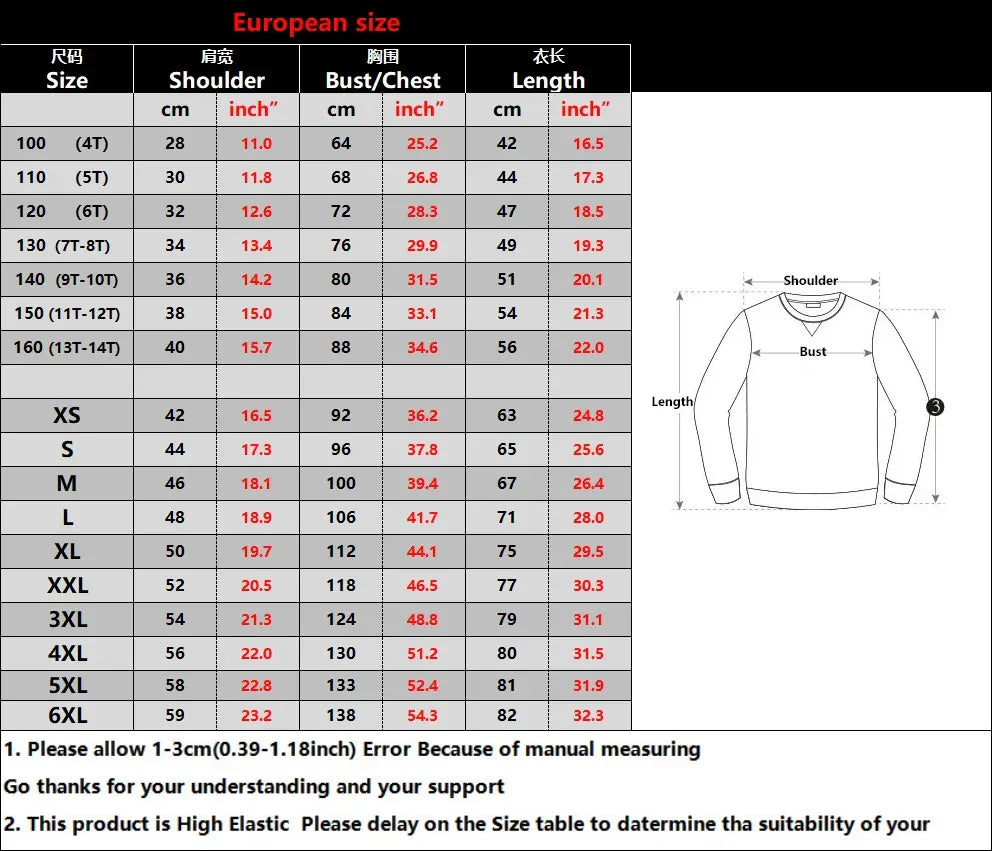 Unisex 3D animal sweatshirt size chart – fits XS to 6XL and youth sizes 100–160, includes measurements for chest, length, and shoulder