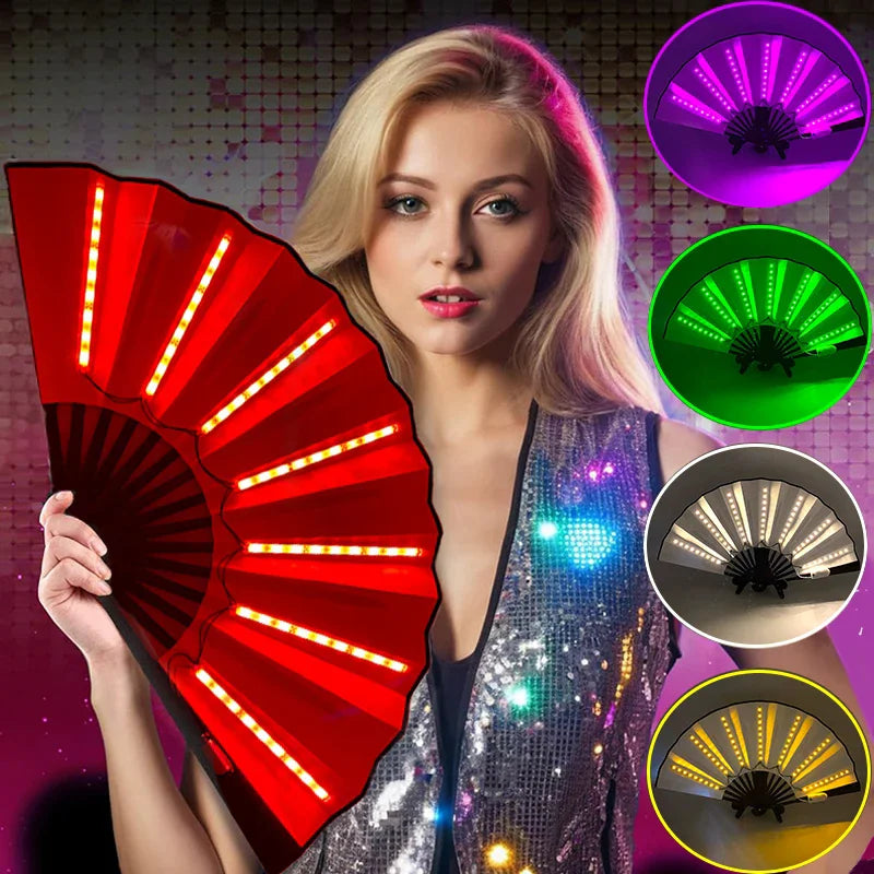 LED Light-Up Foldable Hand Fan – Glowing Neon Bamboo Fan for Dance, Concerts, & Performance Props