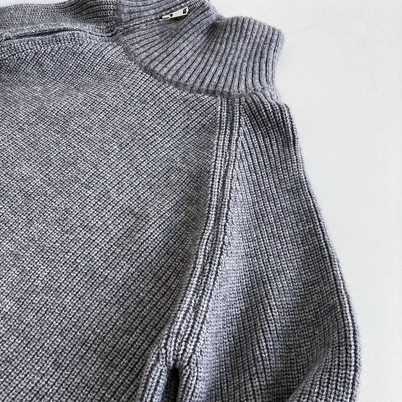 Zipper Solid Colour High-End Knitted Sweater - Loose Long-Sleeve Warm Outerwear Top for Fashion - ALOE WINGS STORE
