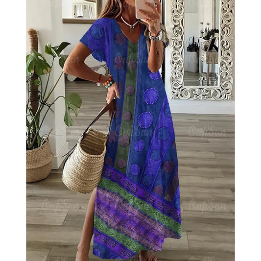 Purple Shapes Ladies Ethnic Summer Long Dress-ALOE WINGS STORE