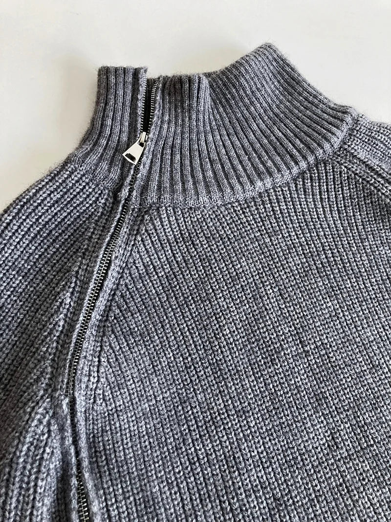 Zipper Solid Colour High-End Knitted Sweater - Loose Long-Sleeve Warm Outerwear Top for Fashion - ALOE WINGS STORE