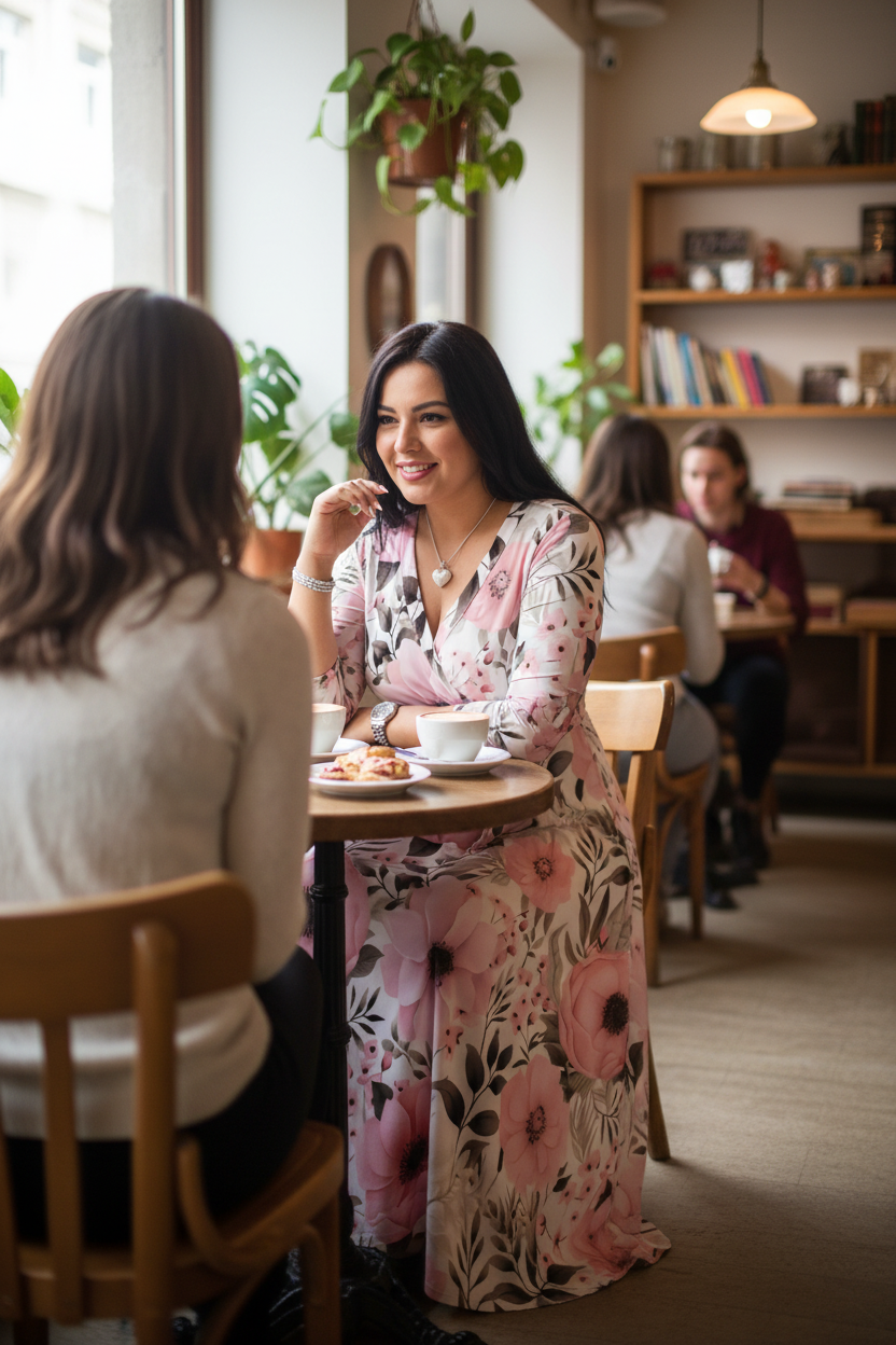 Woman in a floral dress sitting at a table in a cozy cafe with other patrons.