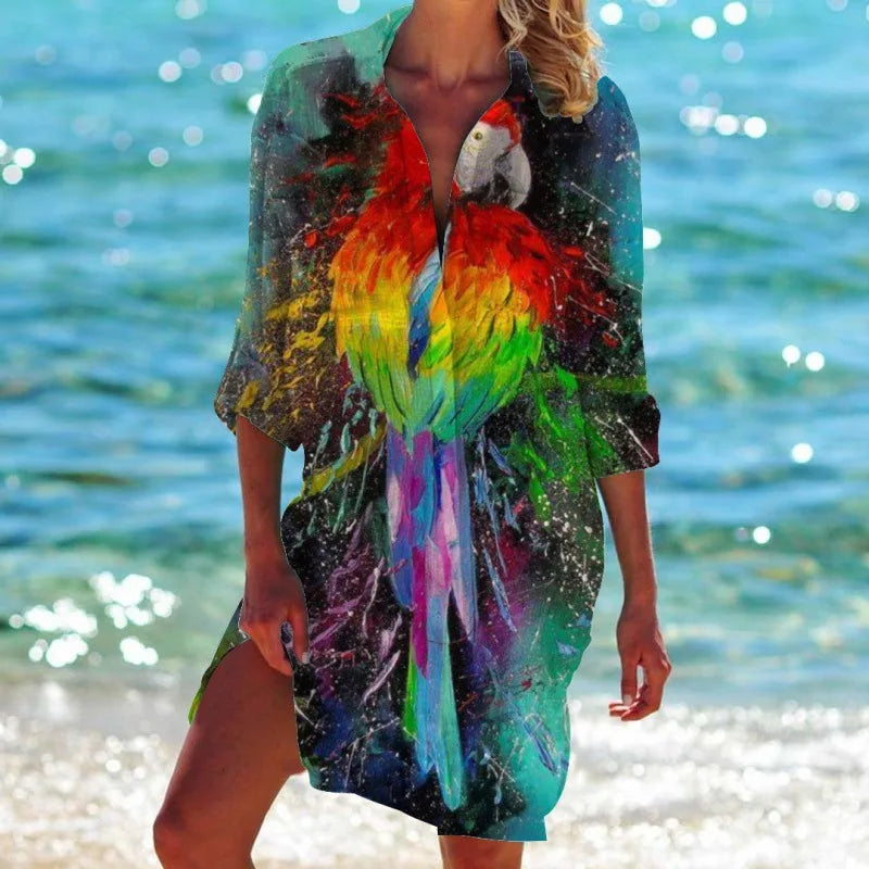 2.Women's Summer Hawaiian Parrot 3D Print Blouse – Long Sleeve Mid-Length Button-Up Beach Shirt with Pockets - ALOE WINGS STORE