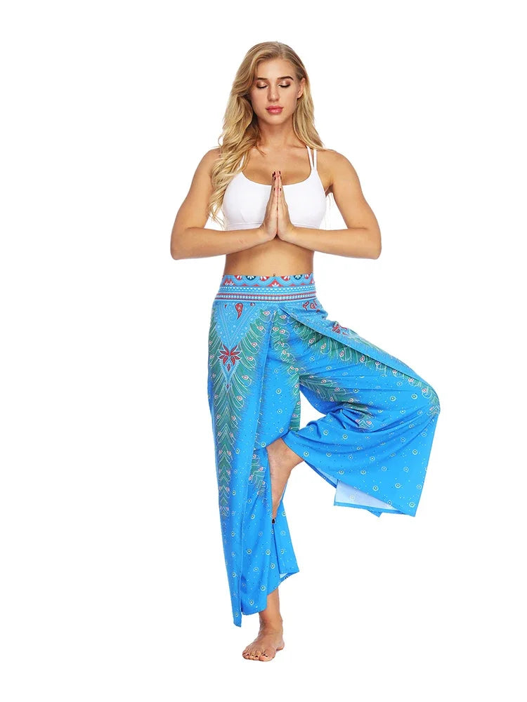 Women's Ethnic Style Wide-Leg Trousers with Side Slit - ALOE WINGS STORE