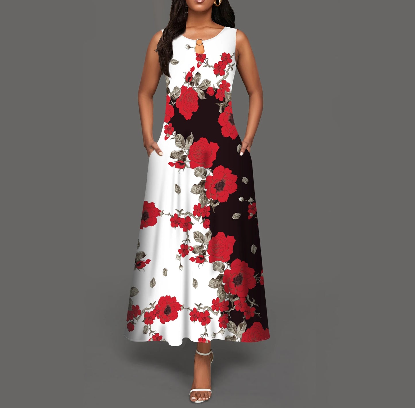 Sleeveless V-Neck Floral Dress with Pocket Skirt Collection - ALOE WINGS STORE
