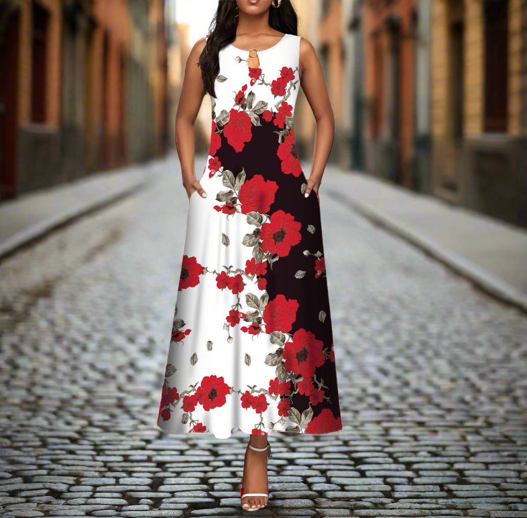 Sleeveless V-Neck Floral Dress with Pocket Skirt Collection - ALOE WINGS STORE
