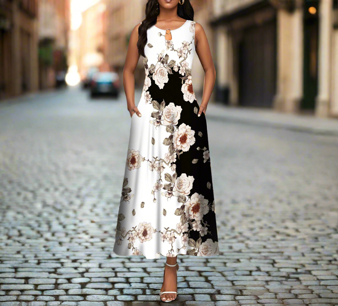 Sleeveless V-Neck Floral Dress with Pocket Skirt Collection - ALOE WINGS STORE