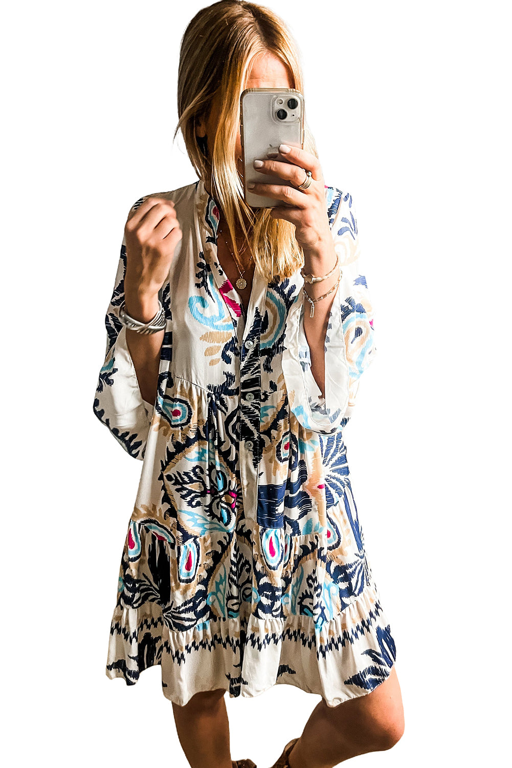 White Tribal Print Mini Dress with Buttoned Bracelet Sleeves - ALOE WINGS STORE