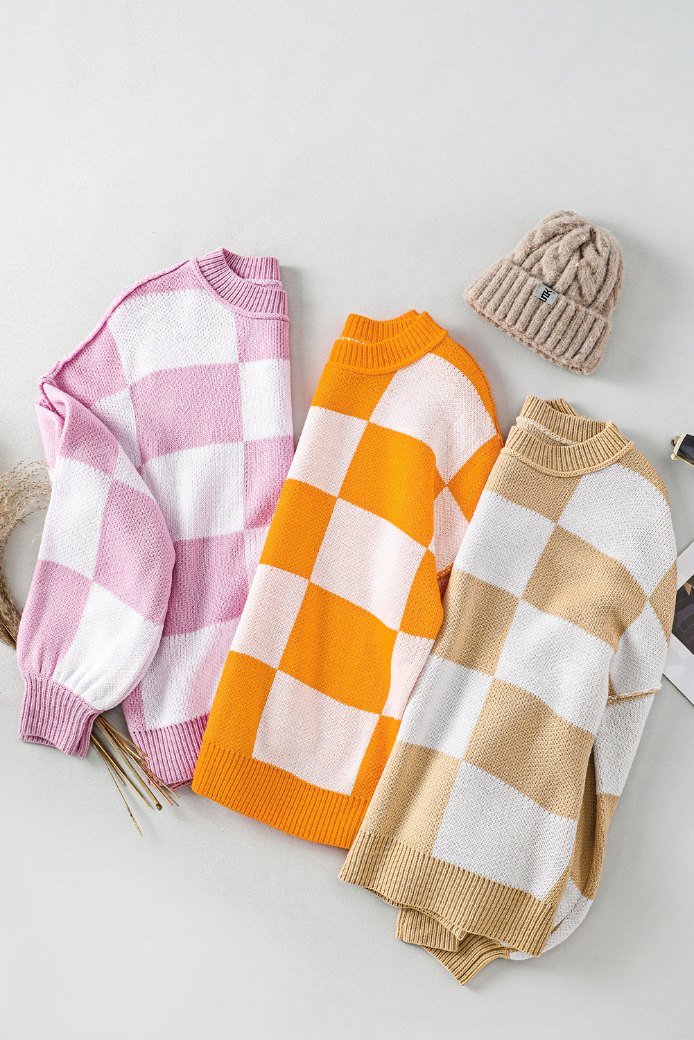 Orange Checkered Sweater with Bishop Sleeves - ALOE WINGS STORE