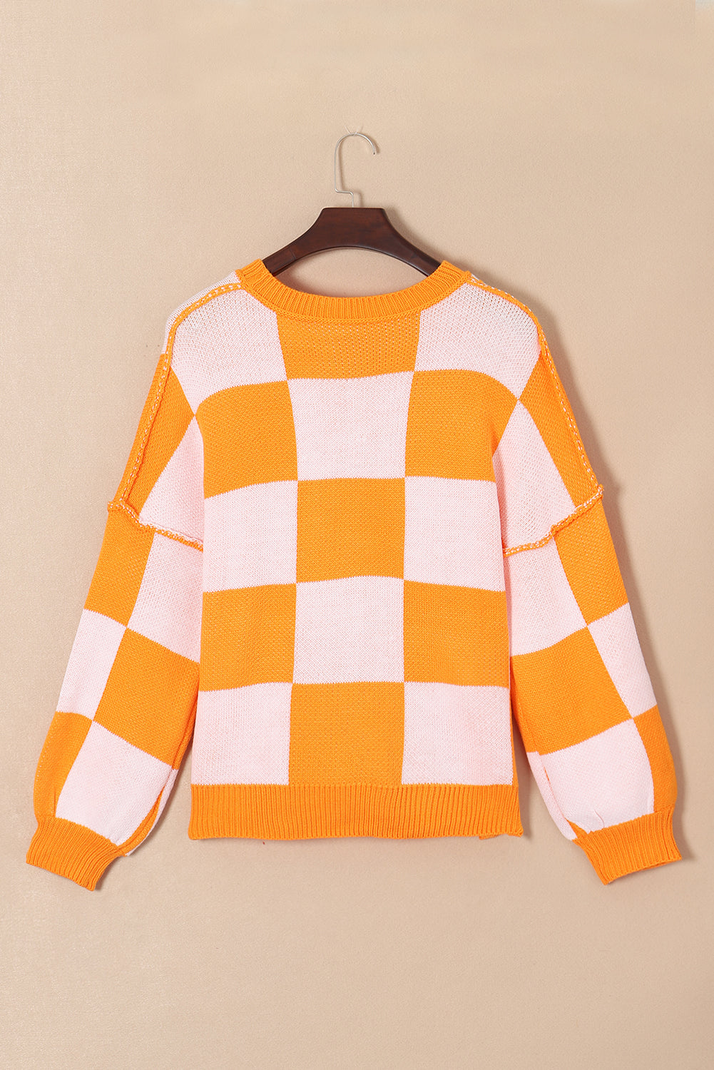 Orange Checkered Sweater with Bishop Sleeves - ALOE WINGS STORE