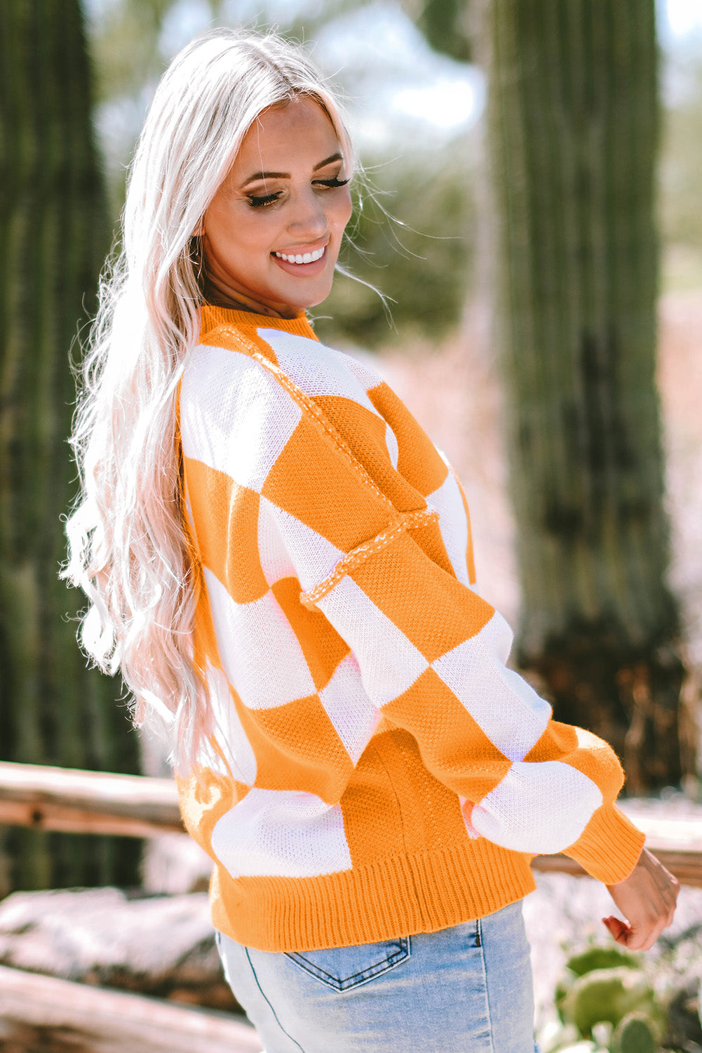 Orange Checkered Sweater with Bishop Sleeves - ALOE WINGS STORE