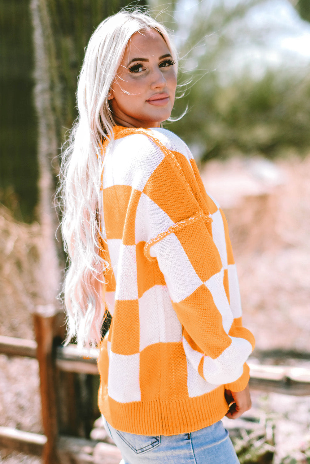 Orange Checkered Sweater with Bishop Sleeves - ALOE WINGS STORE