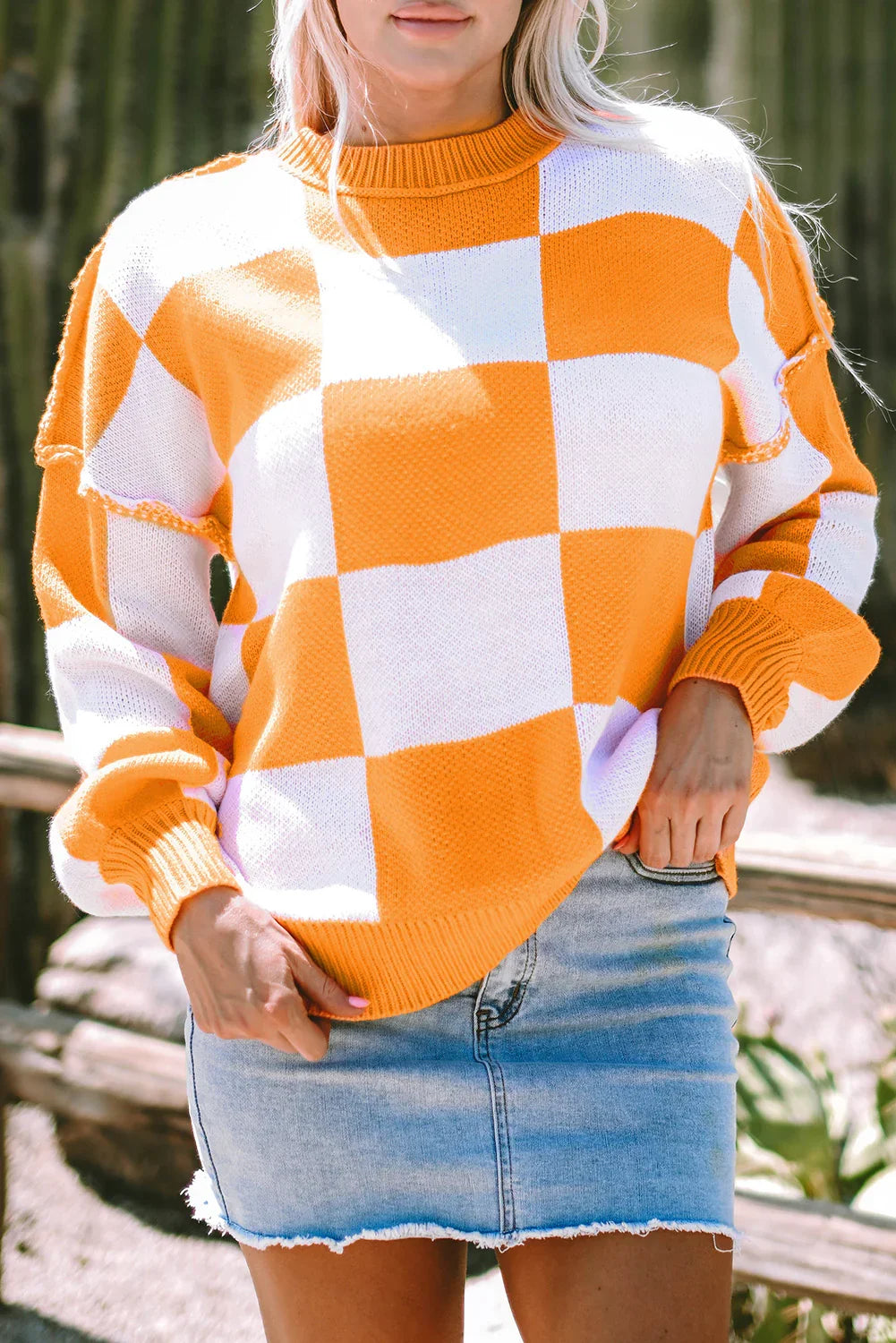 Orange Checkered Sweater with Bishop Sleeves - ALOE WINGS STORE