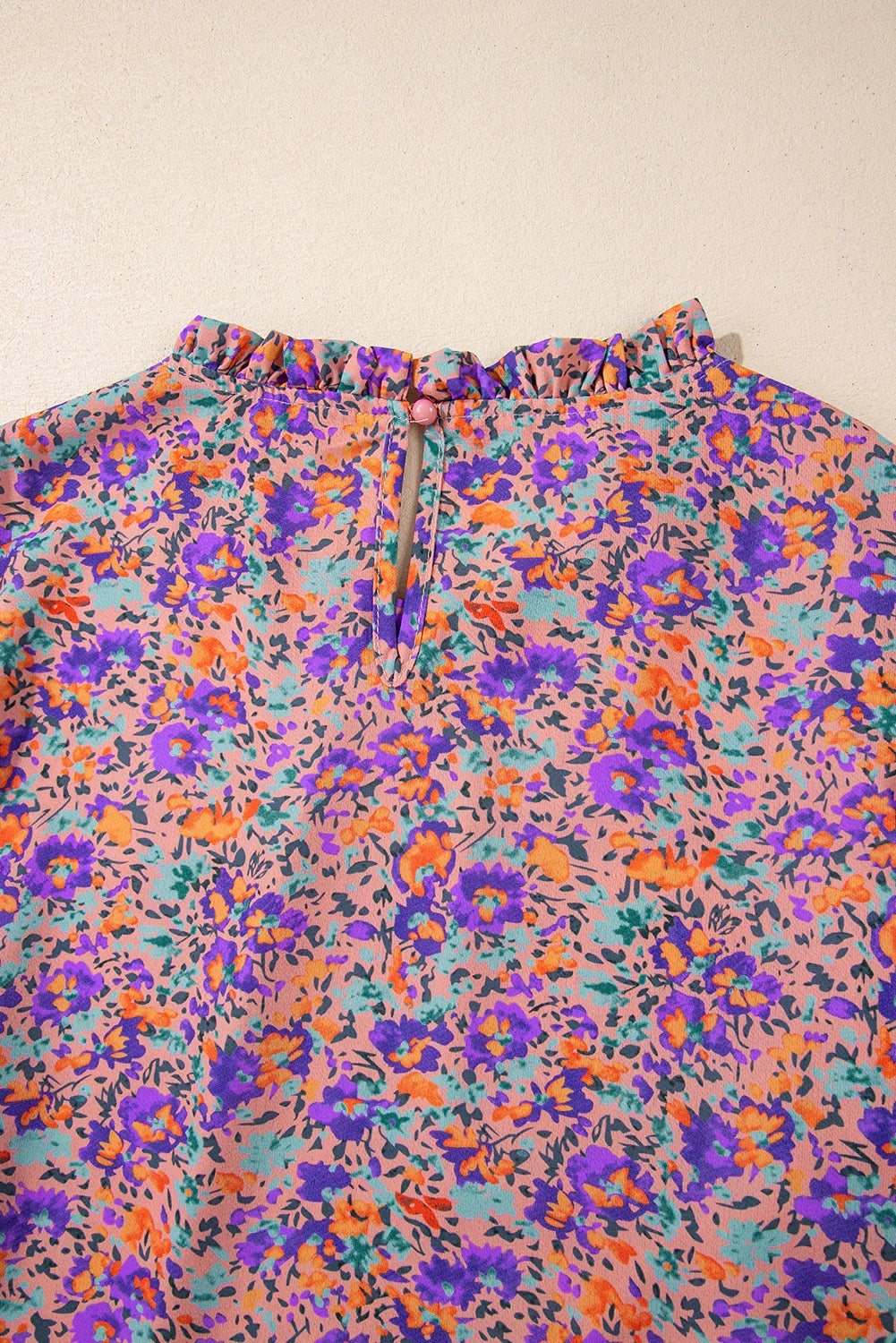 Purple Floral Print Frilled O-Neck Blouse with Shirred Cuffs - ALOE WINGS STORE
