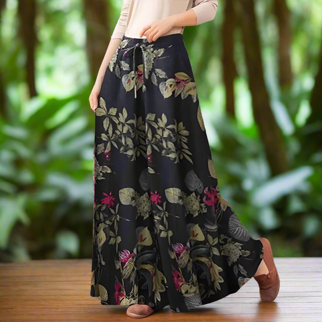 Women's Retro Print Wide-Leg Pants – Casual Loose-Fit Trousers with Drawstring Waist and Pockets Selection - ALOE WINGS STORE