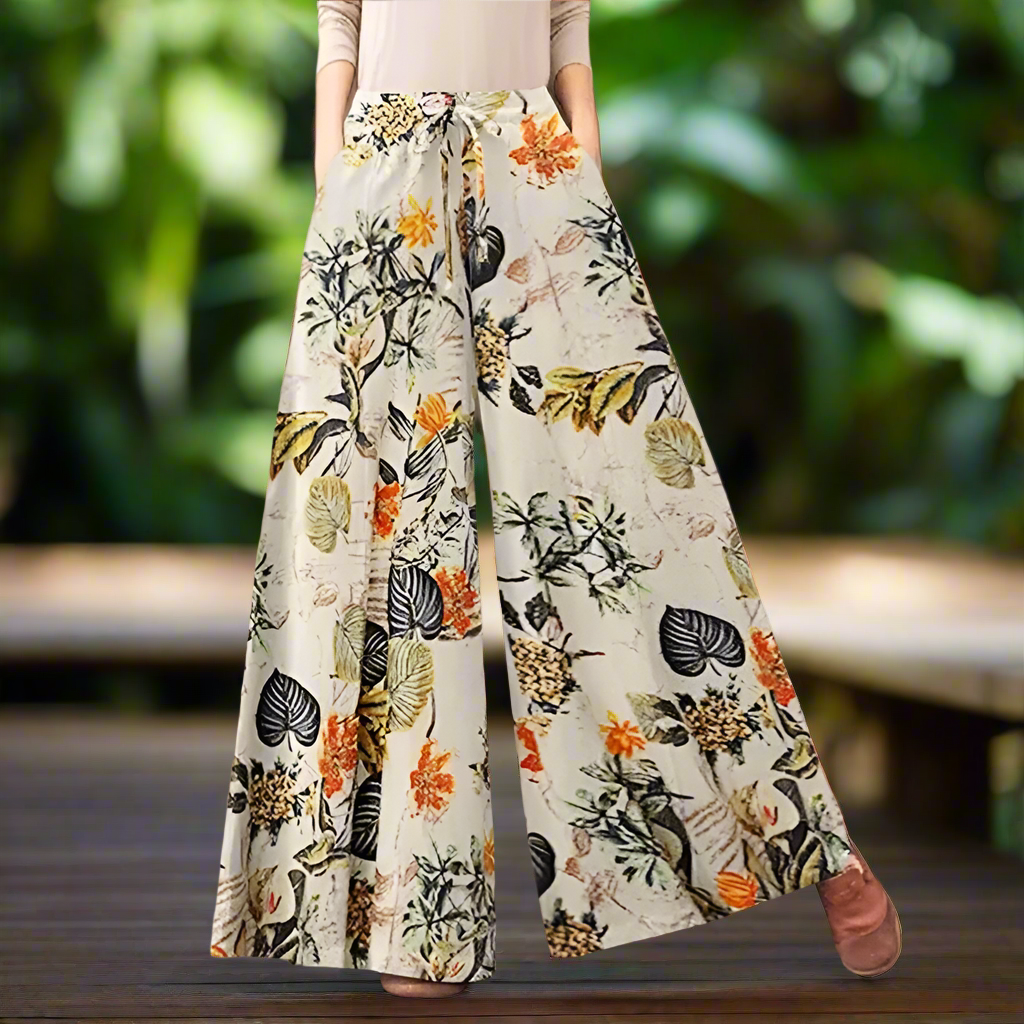 Women's Retro Print Wide-Leg Pants – Casual Loose-Fit Trousers with Drawstring Waist and Pockets Selection - ALOE WINGS STORE