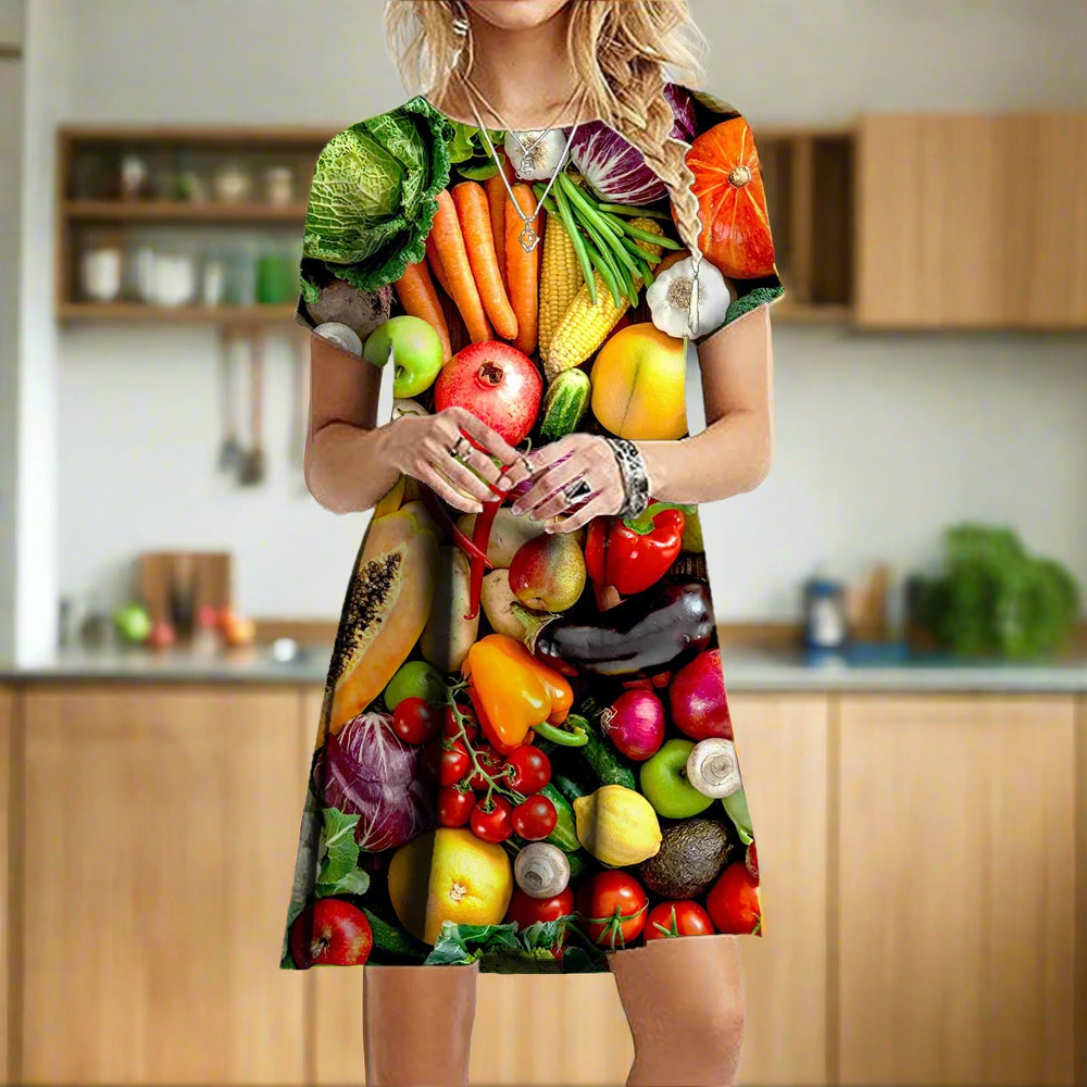 1.Women's 3D Fruit and Vegetable Print Short Sleeve Casual Mini Dresses (Plus Size Included) - ALOE WINGS STORE