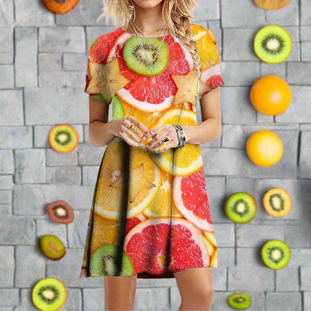 2.Women's 3D Fruit and Vegetable Print Short Sleeve Casual Mini Dresses (Plus Size Included) - ALOE WINGS STORE