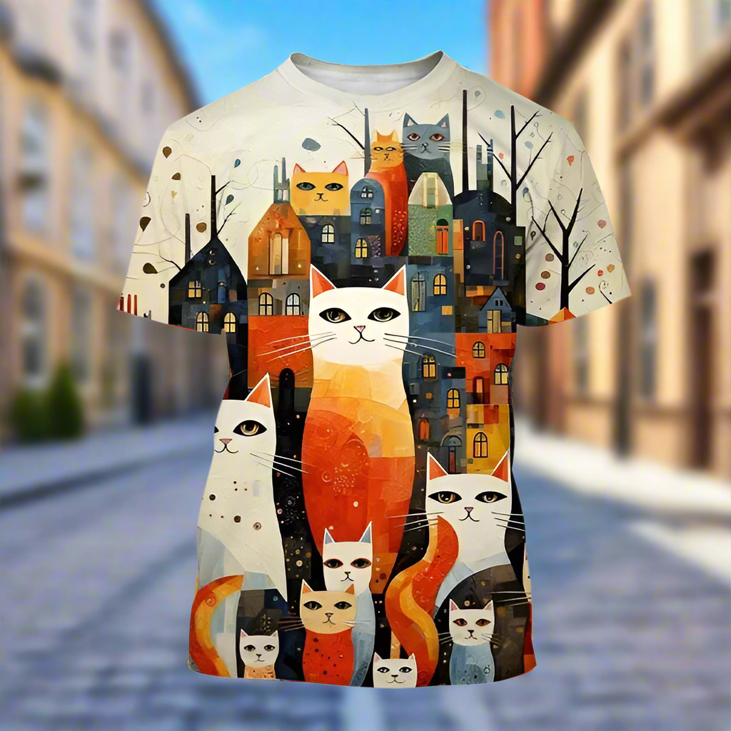 City street scene with cat face print t-shirt featuring urban cat collage design