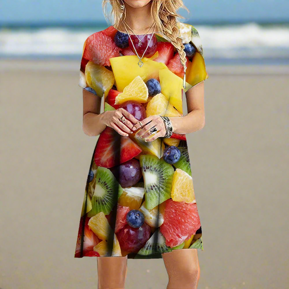 2.Women's 3D Fruit and Vegetable Print Short Sleeve Casual Mini Dresses (Plus Size Included) - ALOE WINGS STORE