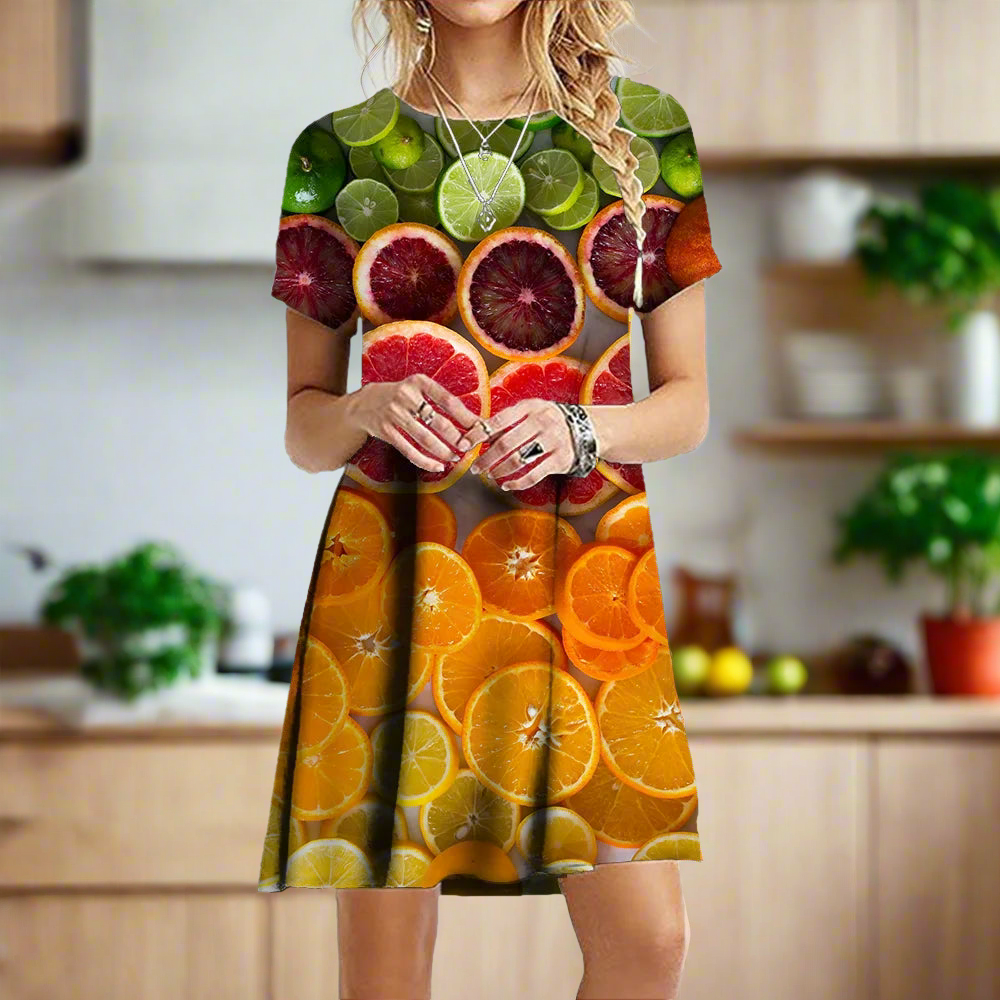 2.Women's 3D Fruit and Vegetable Print Short Sleeve Casual Mini Dresses (Plus Size Included) - ALOE WINGS STORE