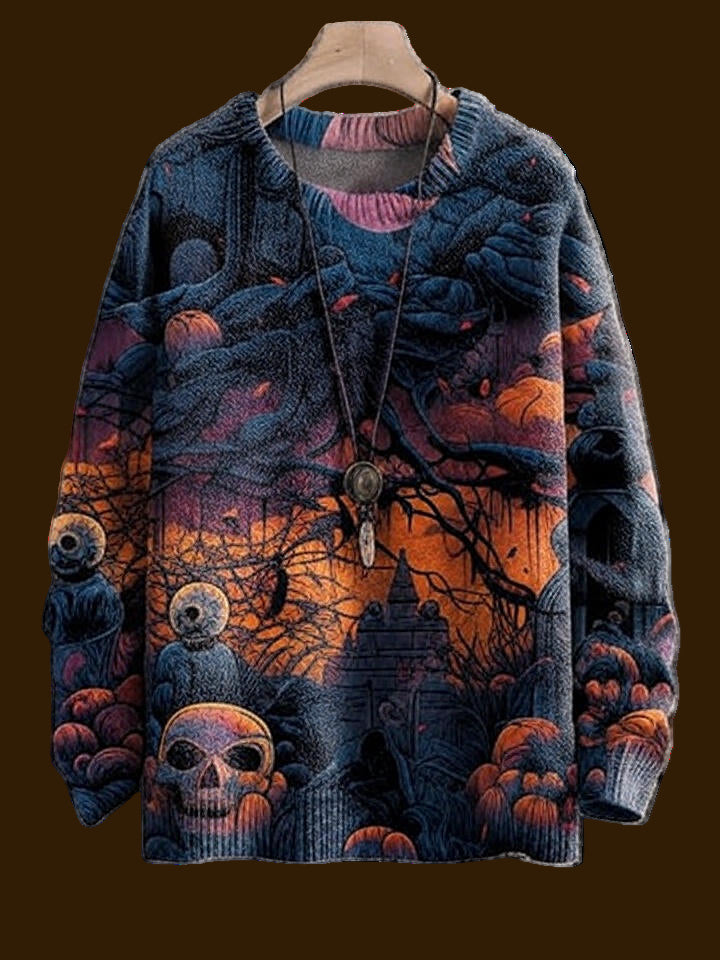 Blue and orange 3D printed Halloween sweater with skulls and trees in a spooky, fiery sky