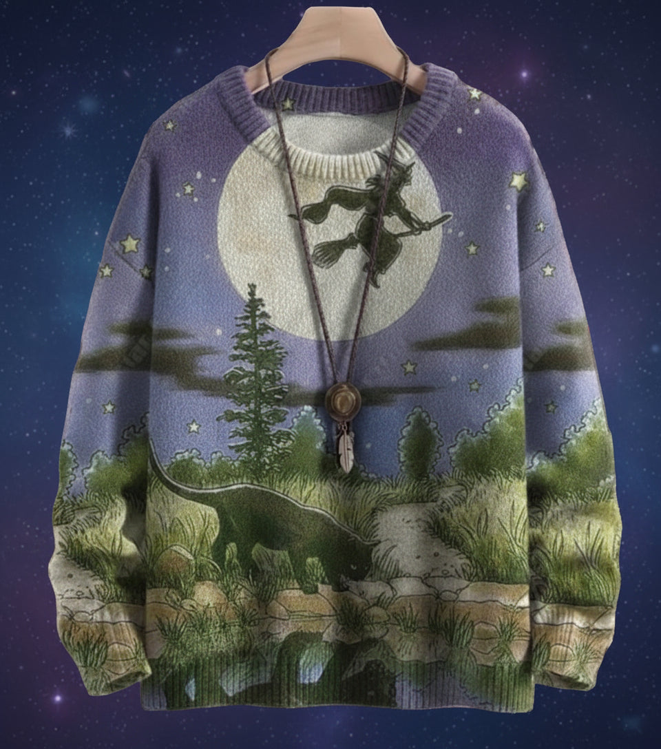 Purple 3D printed Halloween sweater with a witch flying on a broomstick over a moonlit forest