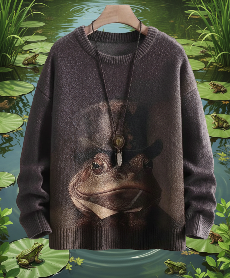 Dark grey 3D printed Halloween sweater with a whimsical frog wearing a top hat and bow tie