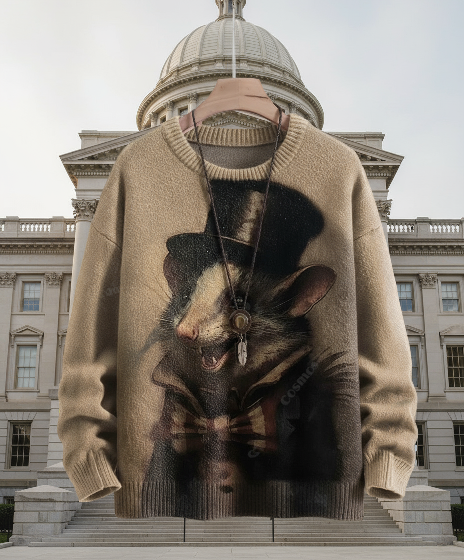Beige 3D printed Halloween sweater featuring a raccoon in a top hat and bow tie