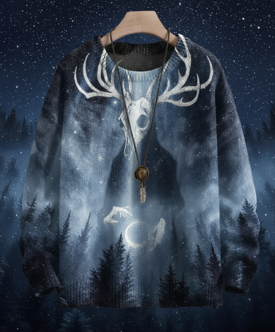 Grey 3D printed Halloween sweater with a deer skull face in a misty, moonlit forest
